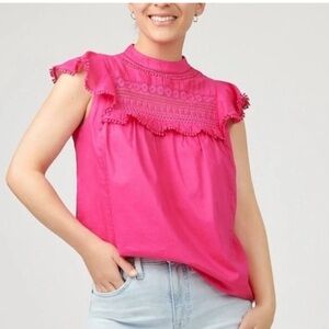 J. Crew • Flutter-Sleeve Crocheted Lace Top Embroidered in Pink